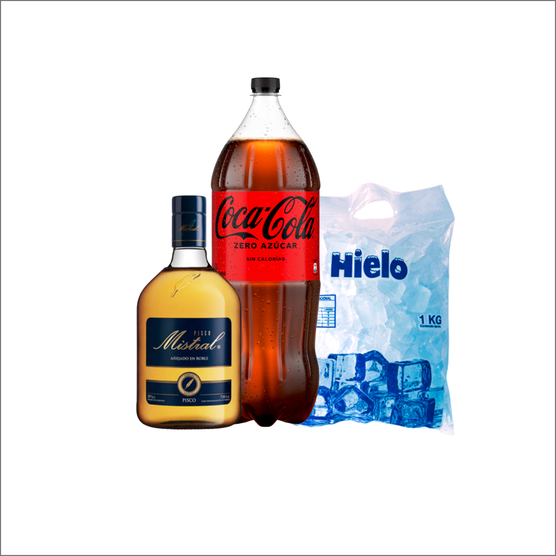 Pack Pisco Mistral + Coca Zero 3Lt + Hielo 1Lt