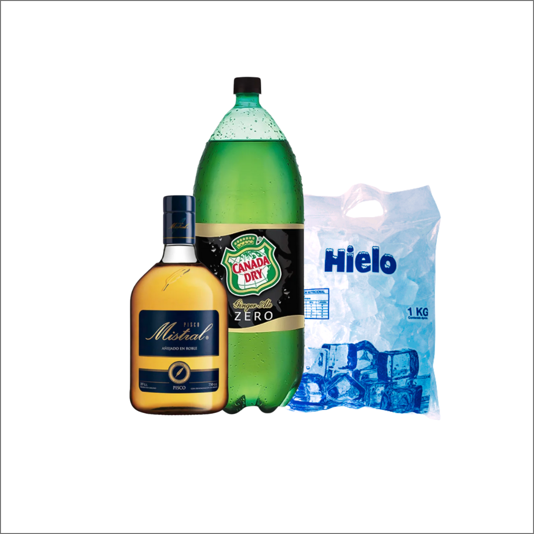 Pack Pisco Mistral + Canada Dry Zero 3Lt + Hielo 1Lt